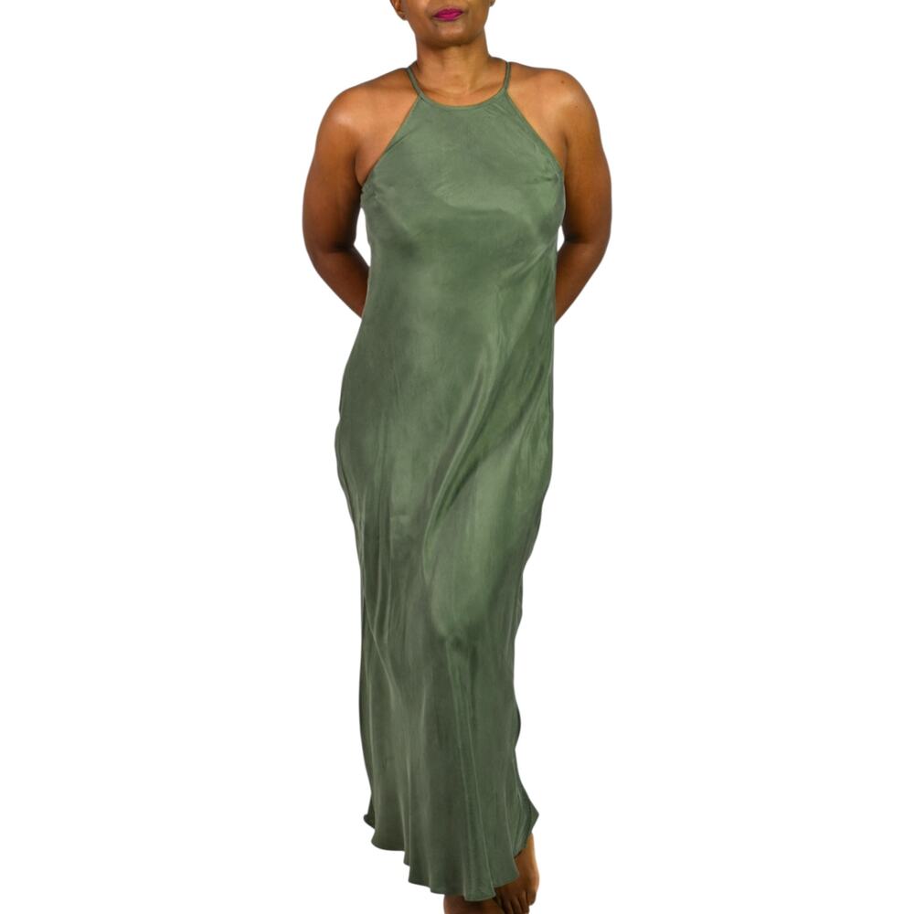 J Crew Amber Slip Dress Green Cupro Halter Maxi Bias Keyhole Silky Slipdress 6
